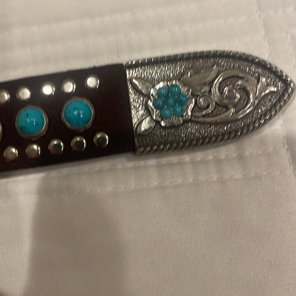 Nicona Belt Co silver toned turquoise genuine leather belt 28waist or smaller(c) - Picture 4 of 11